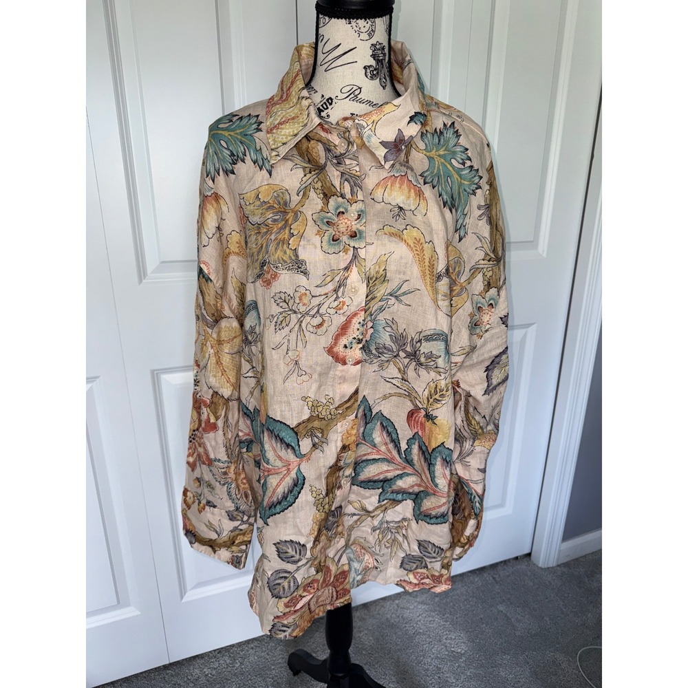 HM Women XL 100% Linen Floral Botanical Button Down Shirt Oversized Beige Teal
